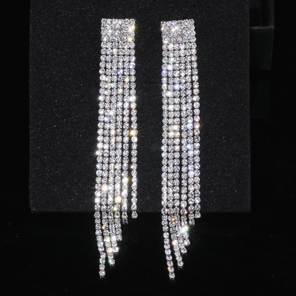 Crystal Wedding Earrings, Big Bridal Earrings,Long Tassel Earrings,Bridal Drop Dangling Earrings,Wedding earrings