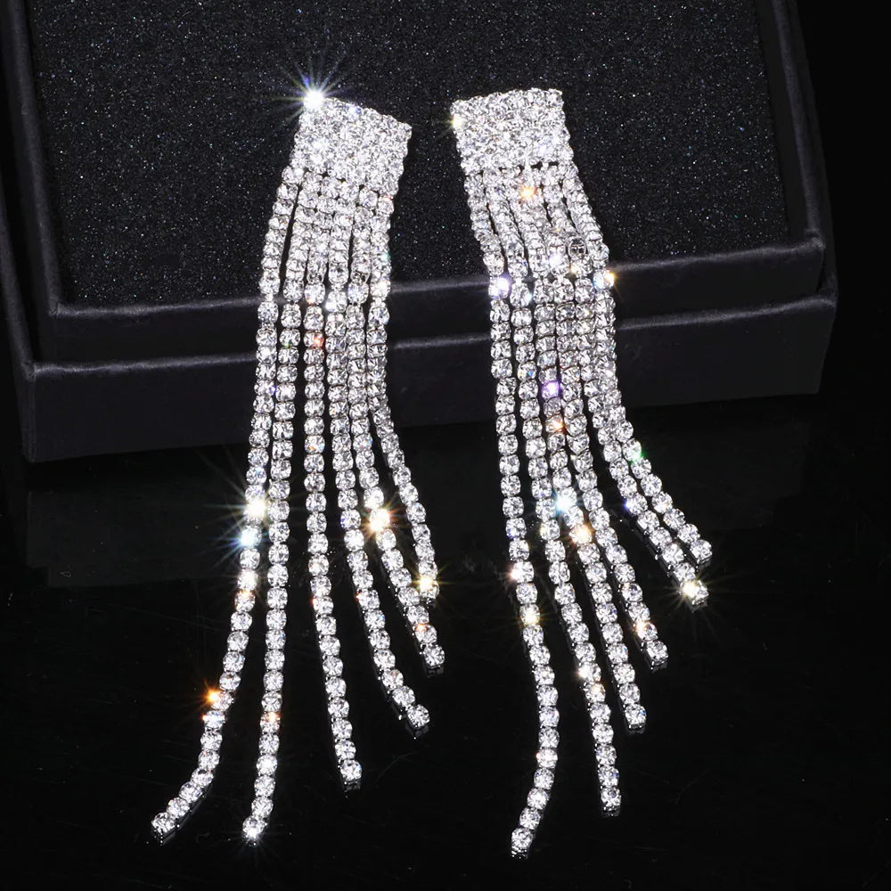 Crystal Wedding Earrings, Big Bridal Earrings,Long Tassel Earrings,Bridal Drop Dangling Earrings,Wedding earrings