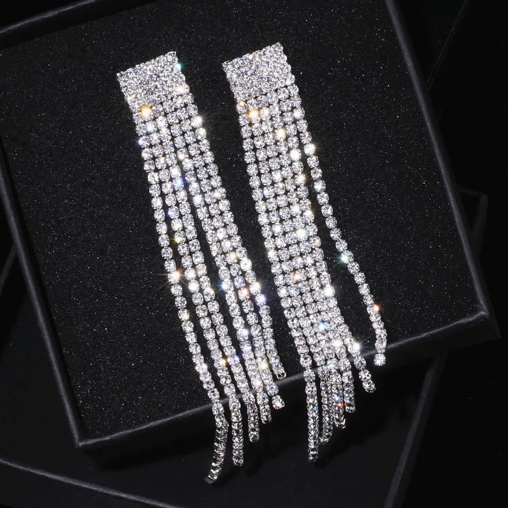 Crystal Wedding Earrings, Big Bridal Earrings,Long Tassel Earrings,Bridal Drop Dangling Earrings,Wedding earrings