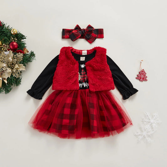 Newborn Baby Girls Clothes Sets Fashion Christmas Dress Plush vest Headband 3Pcs Toddler Infant Clothing Outfits