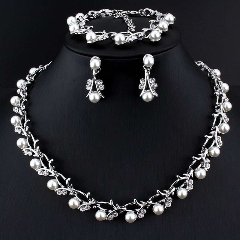 Imitation Pearl Wedding Necklace Earring Sets | Bridal Jewelry Sets for Women | Crystal Pearl Bridal Necklace and Earring Set