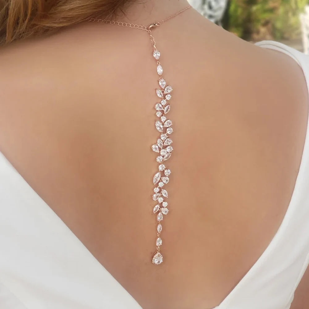 Rose Gold Bridal Back Necklace, Crystal Back Drop Necklace, Open Back Necklace, Bridal Jewelry Set, Wedding Jewellery set, Bridal back chain