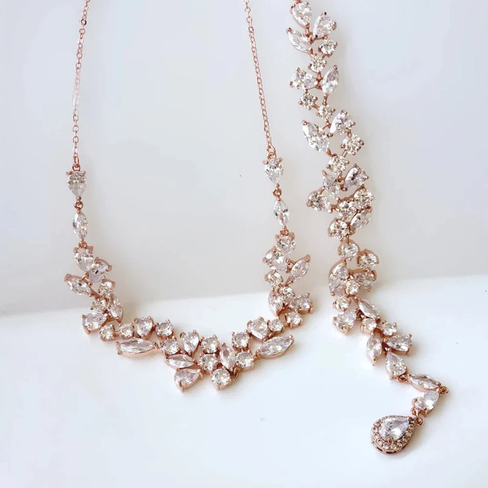 Rose Gold Bridal Back Necklace, Crystal Back Drop Necklace, Open Back Necklace, Bridal Jewelry Set, Wedding Jewellery set, Bridal back chain