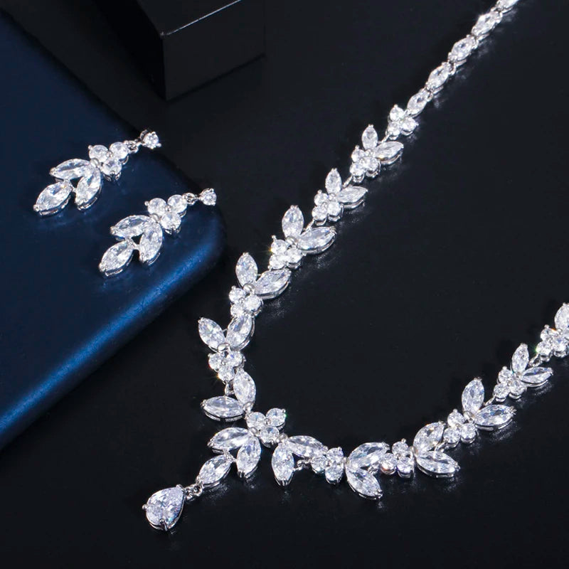 Silver Bridal Necklace And Earrings, Wedding Jewelry Set, Leaf Style Jewellery For Bride, Wedding necklace set, Rosegold Necklace, Gold Necklace