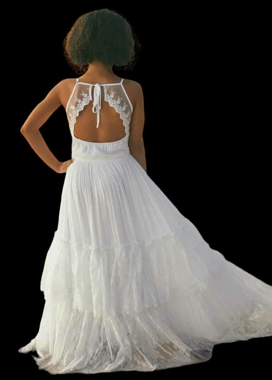 White Lace Cotton Flower Girl Dresses - Long Princess Maxi Dress for Girls' Birthdays and Special Occasions