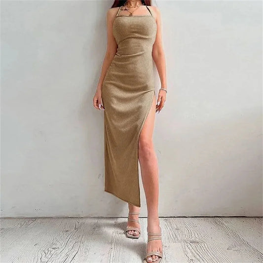 Khaki Halter Neck Bodycon Maxi Dress – Backless High Split Summer Evening Dress