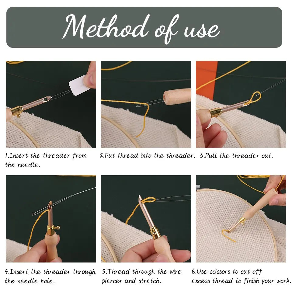 11Pcs PUNCH NEEDLE Set Embroidery Kits Wooden Yarn Embroidery Pen Crochet Knitting DIY Craft Stitching Sewing Tools