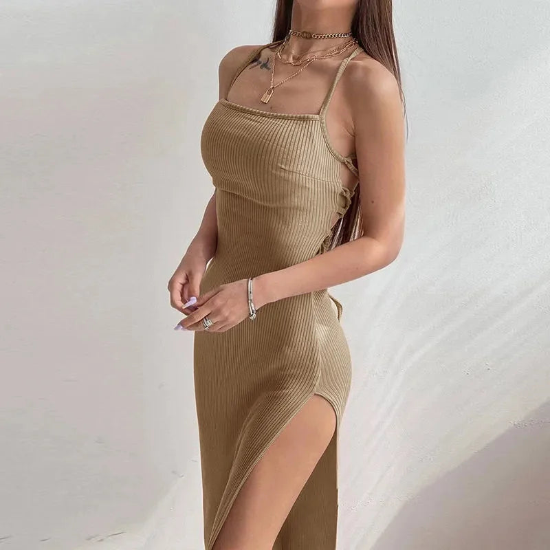 Khaki Halter Neck Bodycon Maxi Dress – Backless High Split Summer Evening Dress