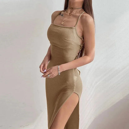 Khaki Halter Neck Bodycon Maxi Dress – Backless High Split Summer Evening Dress