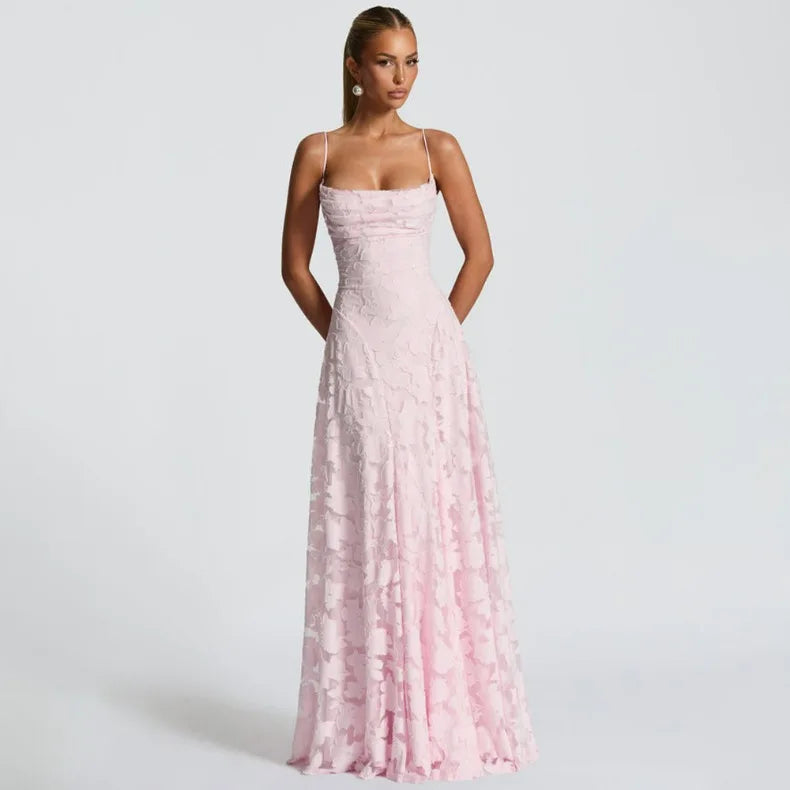 Women's Jacquard Chiffon Maxi Dress – Backless Elegant Evening & Wedding Guest Dress