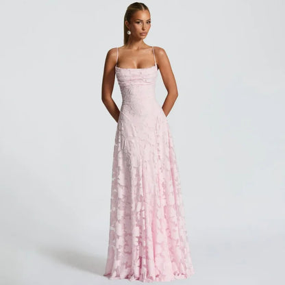 Women's Jacquard Chiffon Maxi Dress – Backless Elegant Evening & Wedding Guest Dress