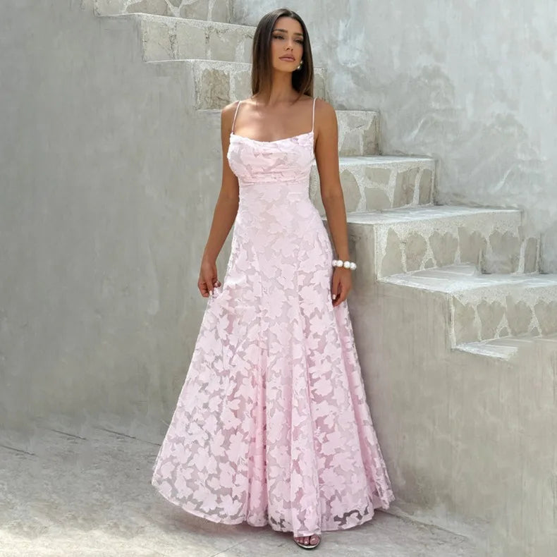 Women's Jacquard Chiffon Maxi Dress – Backless Elegant Evening & Wedding Guest Dress
