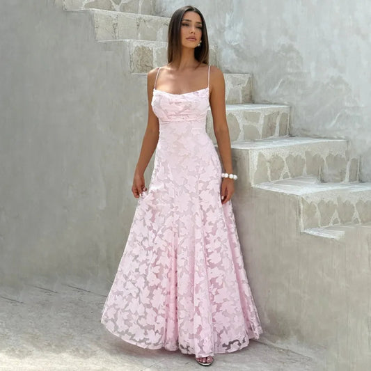 Women's Jacquard Chiffon Maxi Dress – Backless Elegant Evening & Wedding Guest Dress