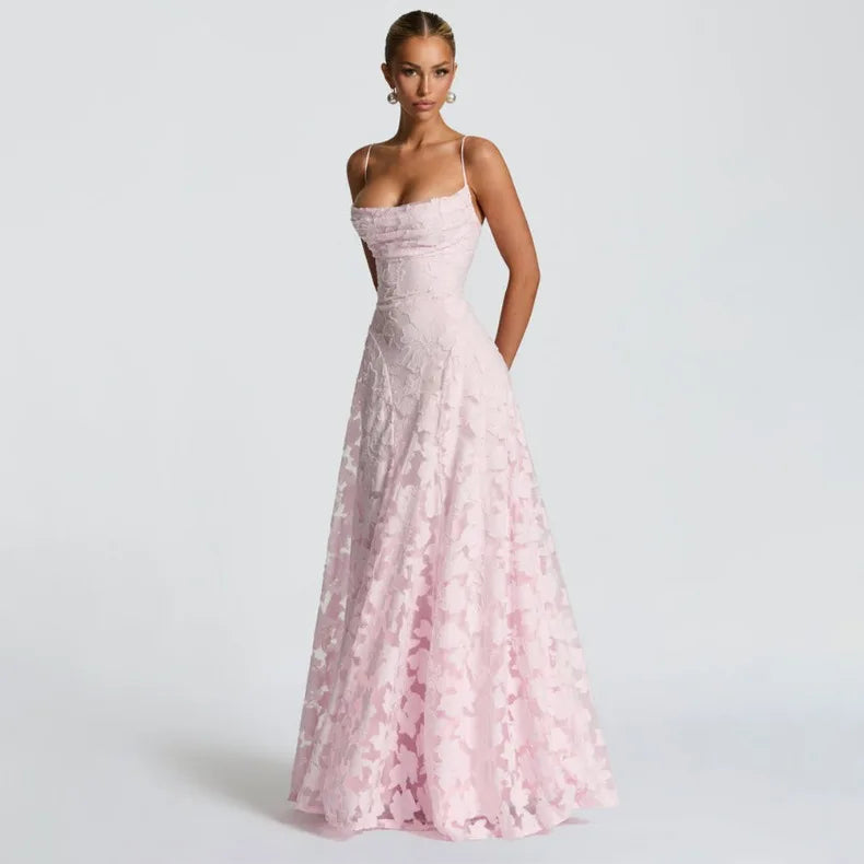 Women's Jacquard Chiffon Maxi Dress – Backless Elegant Evening & Wedding Guest Dress