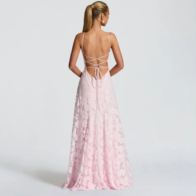 Women's Jacquard Chiffon Maxi Dress – Backless Elegant Evening & Wedding Guest Dress