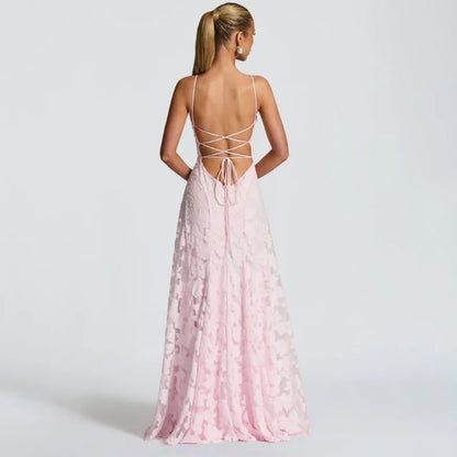 Women's Jacquard Chiffon Maxi Dress – Backless Elegant Evening & Wedding Guest Dress