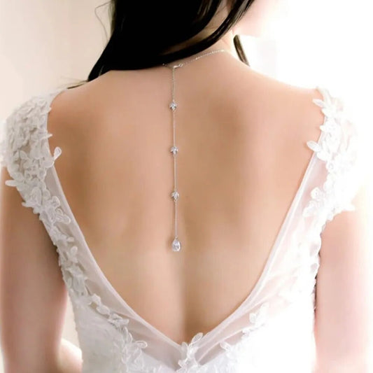 Glamorous Zircon Leaf Back Chain Necklace, Bridal Elegance, Long Water Drop Body Chain, Bridal Wedding Jewelry, Wedding Necklace