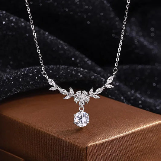 925 Sterling Silver Leaf Pendant Necklace for Women | 5A Zircon Wedding & Bridal Jewellery