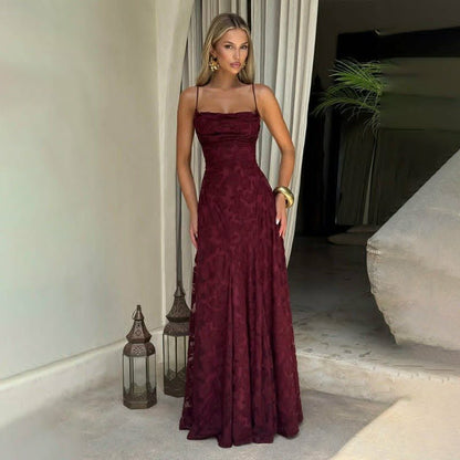 Women’s Burgundy Jacquard Chiffon Backless Maxi Dress – Elegant Evening & Wedding Guest Dress