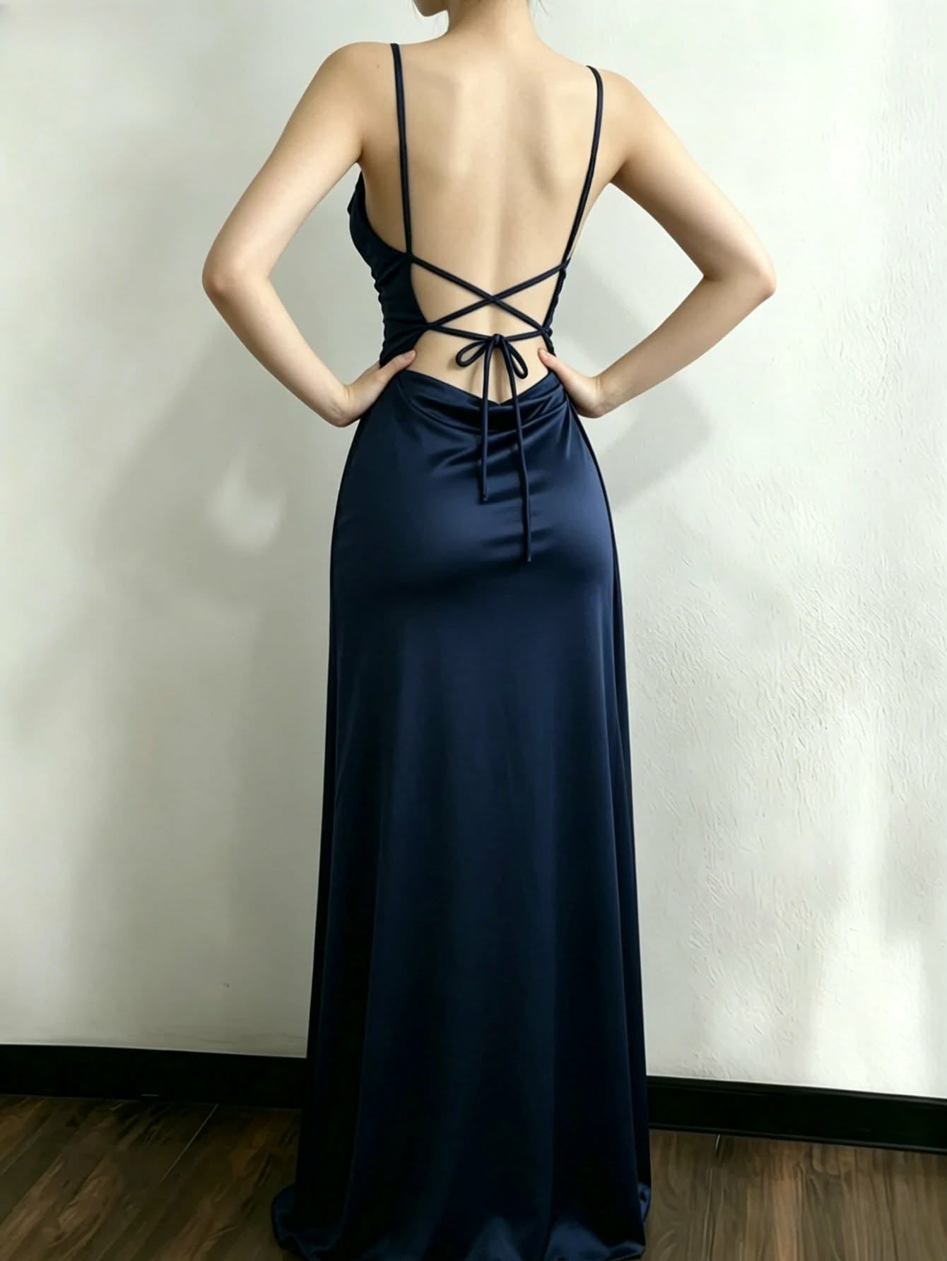 Navy Blue Satin Halter Maxi Dress – Elegant Evening & Party Dress