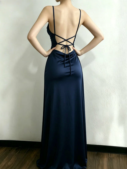 Navy Blue Satin Halter Maxi Dress – Elegant Evening & Party Dress