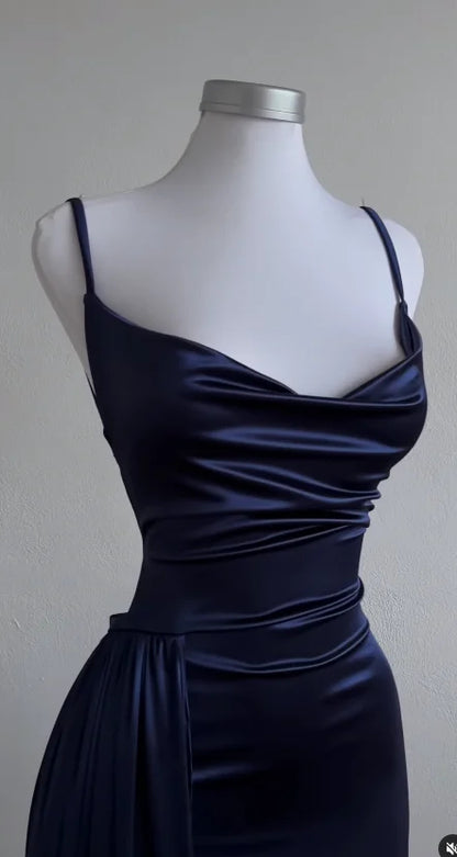 Navy Blue Satin Halter Maxi Dress – Elegant Evening & Party Dress
