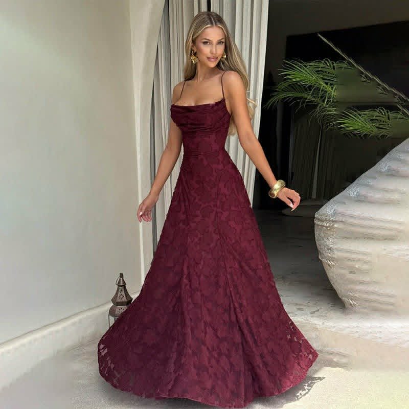 Women’s Burgundy Jacquard Chiffon Backless Maxi Dress – Elegant Evening & Wedding Guest Dress