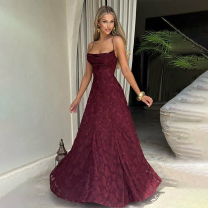 Women’s Burgundy Jacquard Chiffon Backless Maxi Dress – Elegant Evening & Wedding Guest Dress