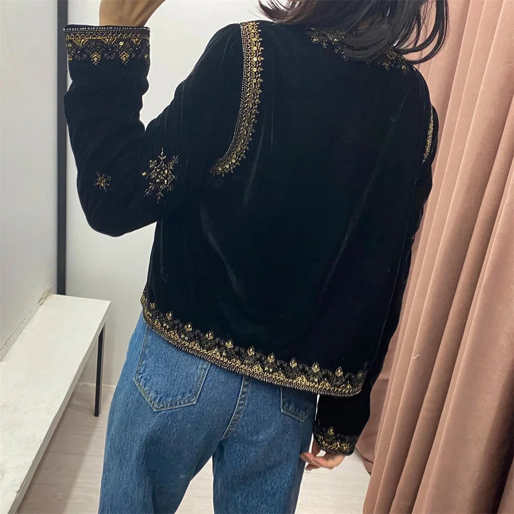 Embroidery Velvet Crop Open Blazer Coat Vintage long Sleeve Female Outerwear Jacket