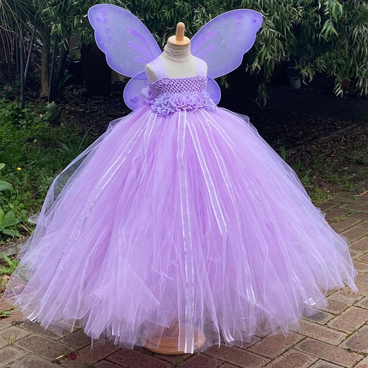 Lavender Butterfly Fairy Princess Tutu Dress – Kids' Long Ball Gown with Wings | Perfect for Birthday Parties & Special Occasions