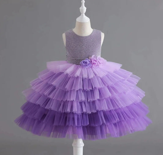 Girls' Purple Flower Layered Cake Dress - Perfect for Birthdays, Weddings & Parties | Kids' Fashion with Lace & Bow Details