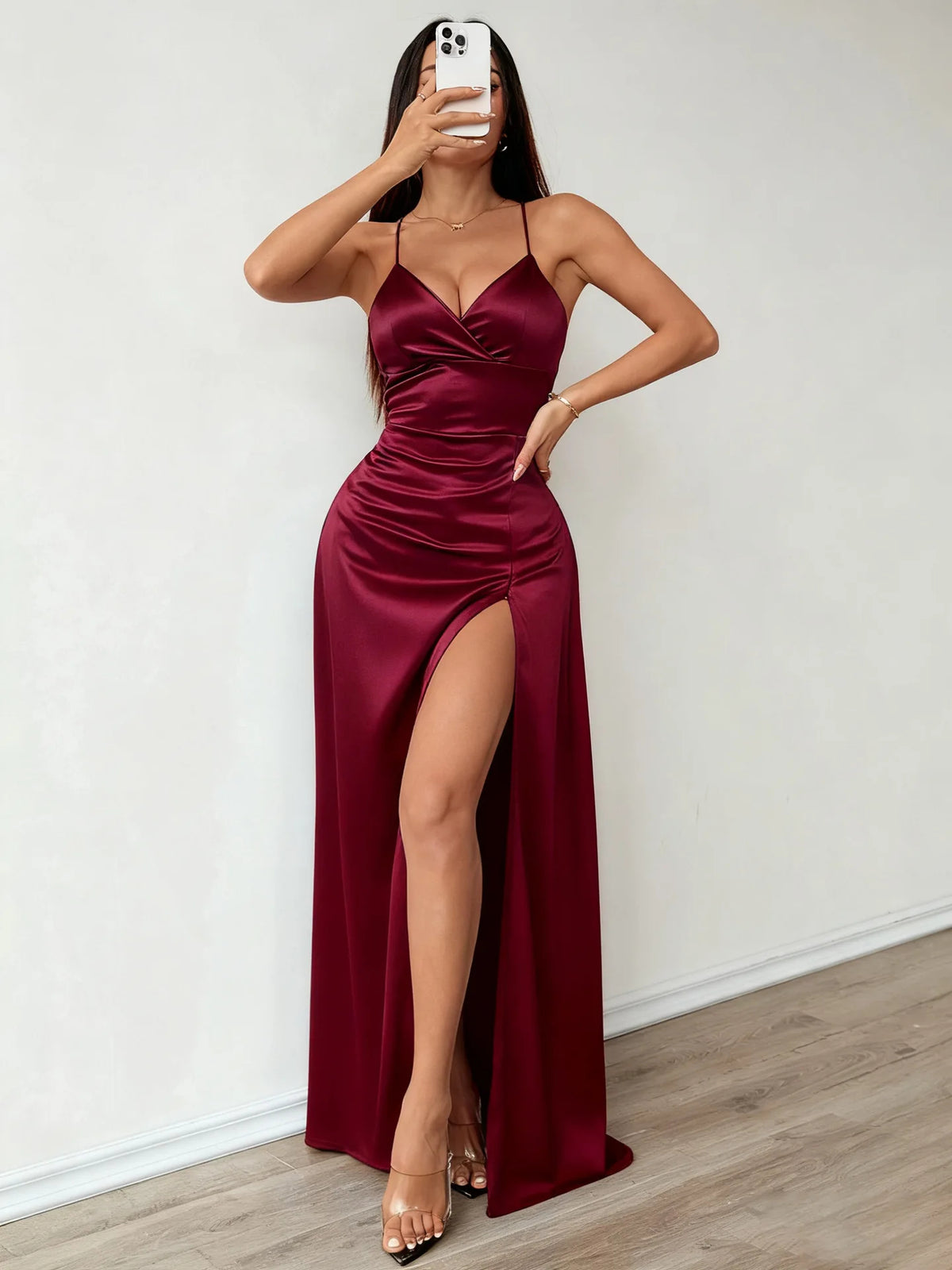 Wine Red Satin Evening Gown – Elegant Open Back Maxi Dress with High Split