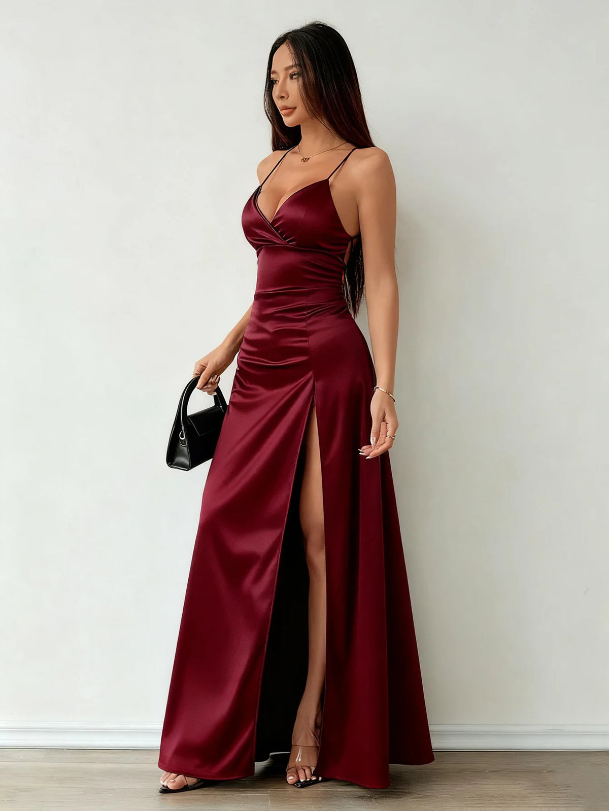 Wine Red Satin Evening Gown – Elegant Open Back Maxi Dress with High Split