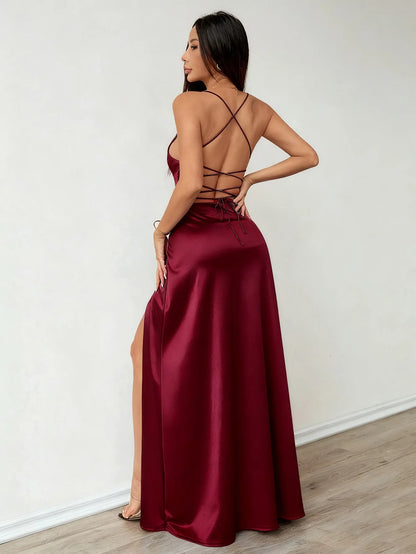 Wine Red Satin Evening Gown – Elegant Open Back Maxi Dress with High Split