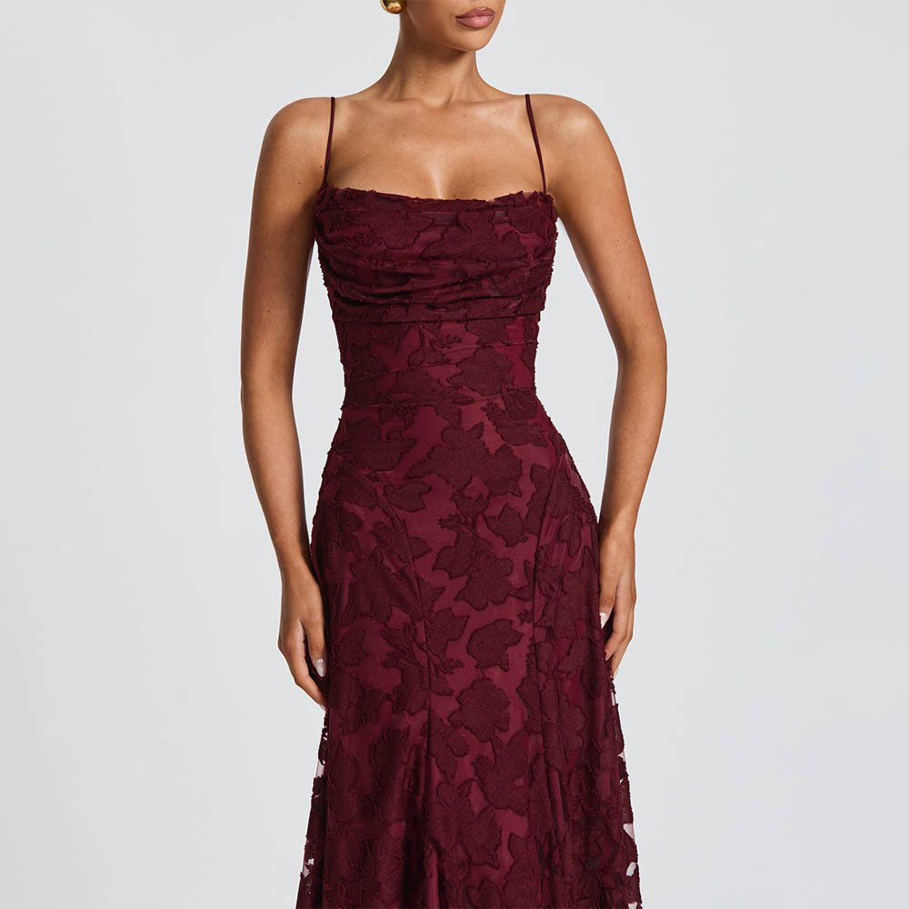 Women’s Burgundy Jacquard Chiffon Backless Maxi Dress – Elegant Evening & Wedding Guest Dress