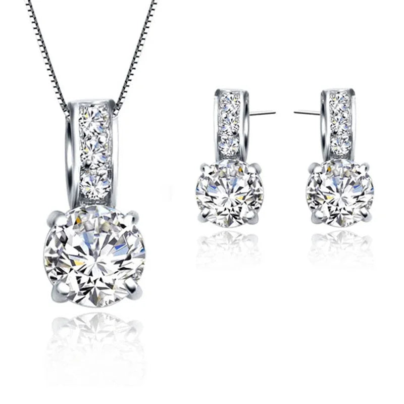 925 Sterling Silver Bridal Jewellery Set | CZ Crystal Pendant Necklace & Stud Earrings