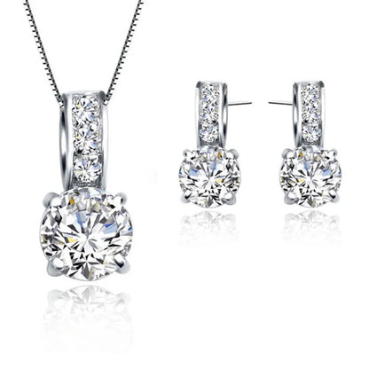 925 Sterling Silver Bridal Jewellery Set | CZ Crystal Pendant Necklace & Stud Earrings