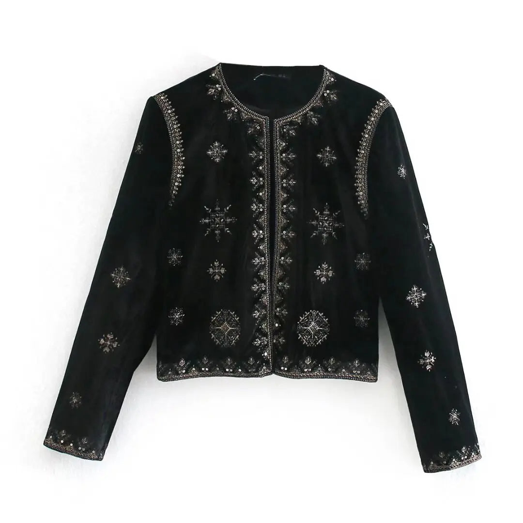 Embroidery Velvet Crop Open Blazer Coat Vintage long Sleeve Female Outerwear Jacket