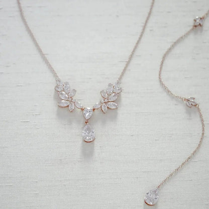 Glamorous Zircon Leaf Back Chain Necklace, Bridal Elegance, Long Water Drop Body Chain, Bridal Wedding Jewelry, Wedding Necklace