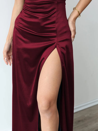 Wine Red Satin Evening Gown – Elegant Open Back Maxi Dress with High Split