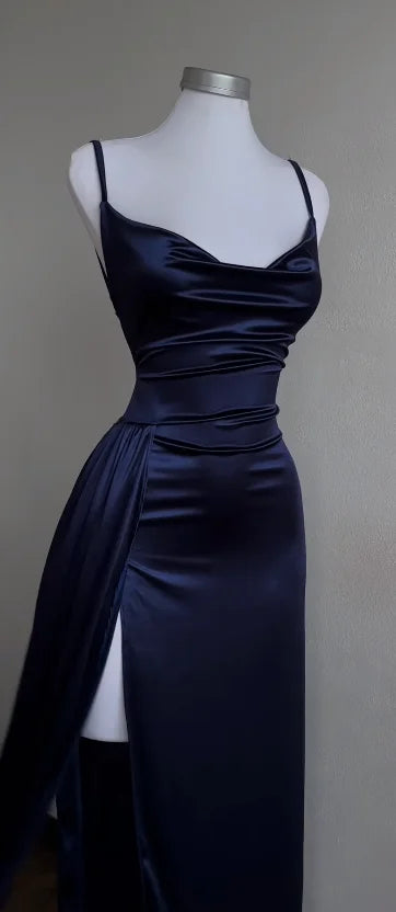 Navy Blue Satin Halter Maxi Dress – Elegant Evening & Party Dress