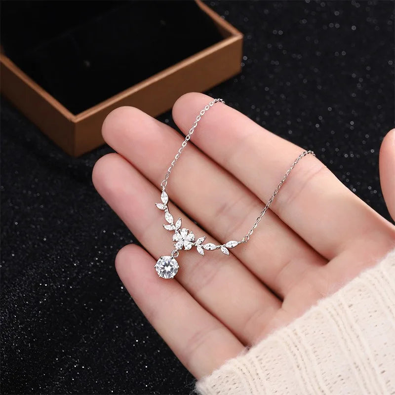 925 Sterling Silver Leaf Pendant Necklace for Women | 5A Zircon Wedding & Bridal Jewellery