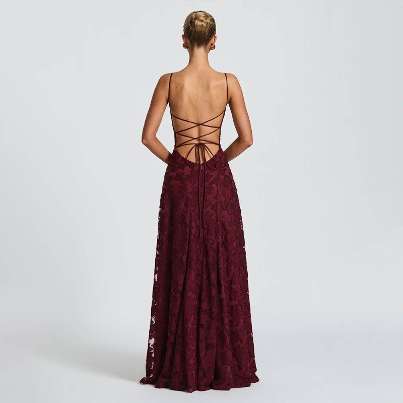Women’s Burgundy Jacquard Chiffon Backless Maxi Dress – Elegant Evening & Wedding Guest Dress