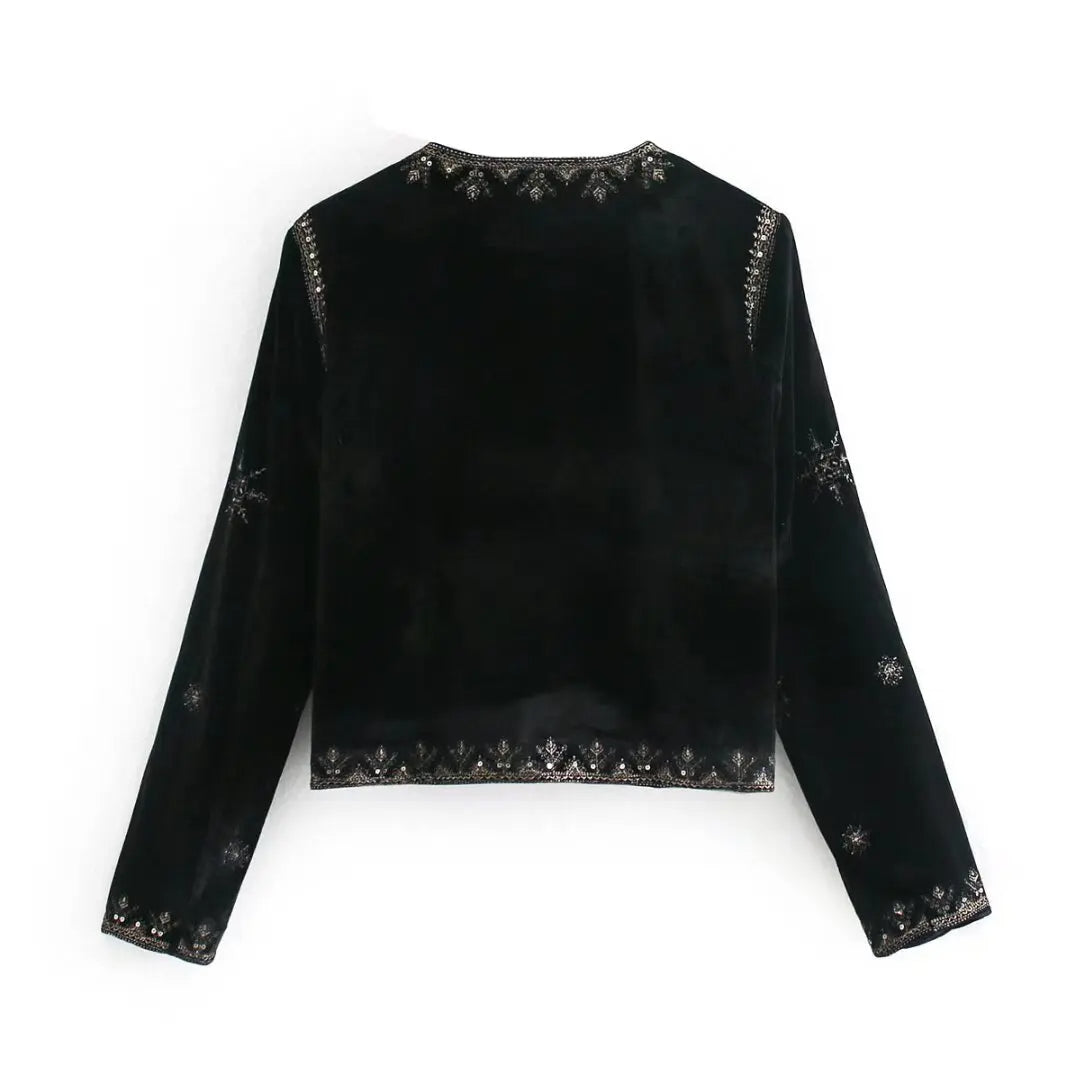 Embroidery Velvet Crop Open Blazer Coat Vintage long Sleeve Female Outerwear Jacket