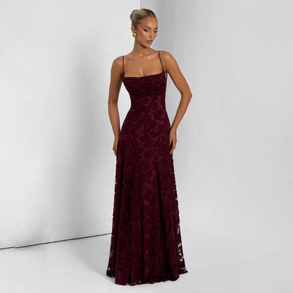 Women’s Burgundy Jacquard Chiffon Backless Maxi Dress – Elegant Evening & Wedding Guest Dress