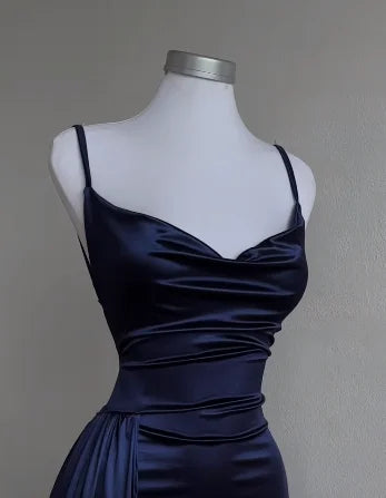 Navy Blue Satin Halter Maxi Dress – Elegant Evening & Party Dress