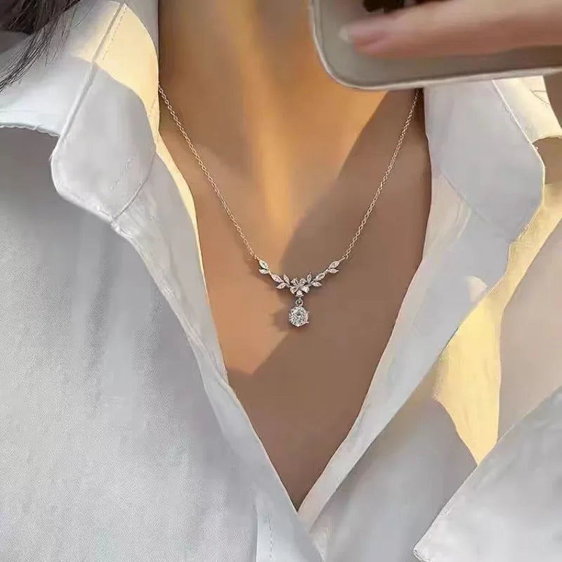 925 Sterling Silver Leaf Pendant Necklace for Women | 5A Zircon Wedding & Bridal Jewellery