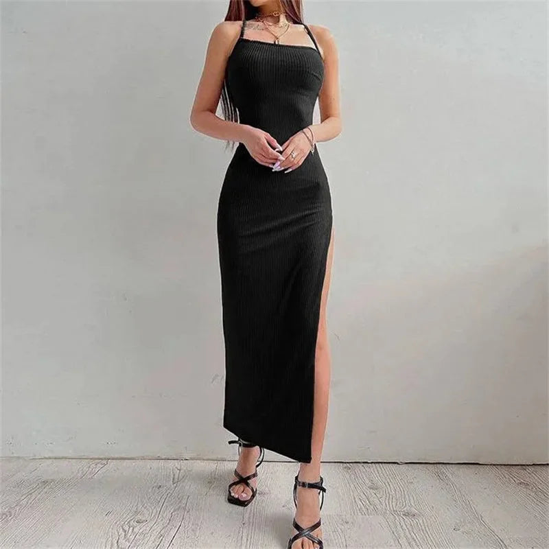 Black Halter Neck Bodycon Maxi Dress – Backless High Split Summer Evening Dress