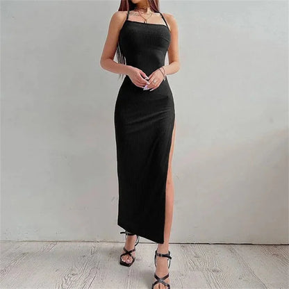 Black Halter Neck Bodycon Maxi Dress – Backless High Split Summer Evening Dress