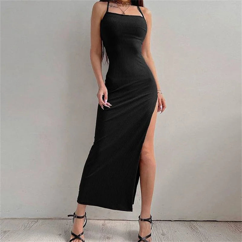 Black Halter Neck Bodycon Maxi Dress – Backless High Split Summer Evening Dress